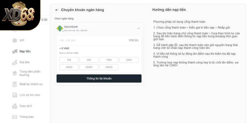 Các hình thức nạp tiền phổ biến tại nhà cái XD68 Các hình thức nạp tiền phổ biến tại nhà cái XD68