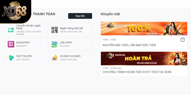 Giới thiệu về giao diện hệ thống nạp tiền tại XD68 Giới thiệu về giao diện hệ thống nạp tiền tại XD68